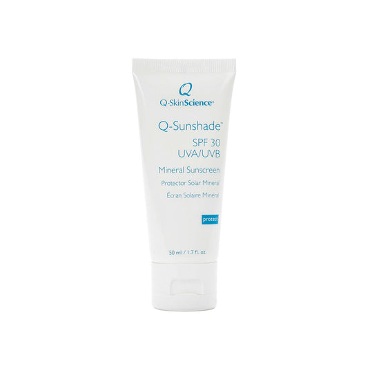 Q-Sunshade.  Transparent, broad-spectrum, chemical-free and mineral based so you don't have to worry about chemical filters that can be irritating to those with sensitive skin. This non-comedogenic, hypo-allergenic & fragrance-free formula helps keep skin protected & healthy with antioxidants & peptides and is suitable for all skin types (yes, even oily!)