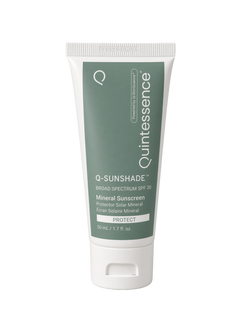 Q-Sunshade Mineral Sunscreen.  Transparent, broad-spectrum, chemical-free and mineral based so you don't have to worry about chemical filters that can be irritating to those with sensitive skin. This non-comedogenic, hypo-allergenic & fragrance-free formula helps keep skin protected & healthy with antioxidants & peptides and is suitable for all skin types (yes, even oily!) 