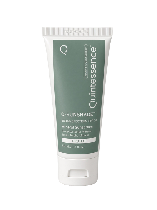 Q-Sunshade Mineral Sunscreen.  Transparent, broad-spectrum, chemical-free and mineral based so you don't have to worry about chemical filters that can be irritating to those with sensitive skin. This non-comedogenic, hypo-allergenic & fragrance-free formula helps keep skin protected & healthy with antioxidants & peptides and is suitable for all skin types (yes, even oily!) 