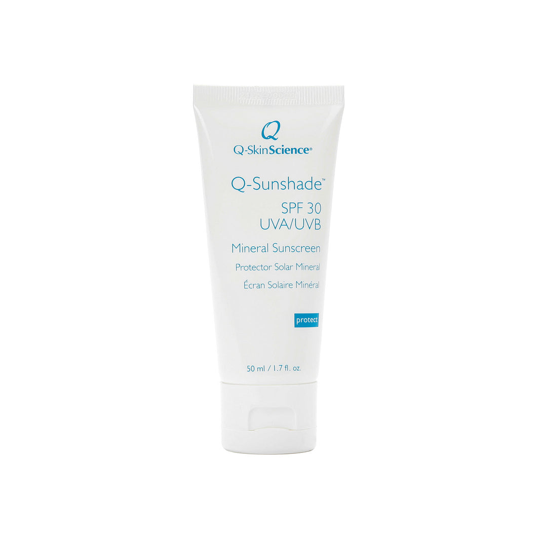 Q-Sunshade.  Transparent, broad-spectrum, chemical-free and mineral based so you don't have to worry about chemical filters that can be irritating to those with sensitive skin. This non-comedogenic, hypo-allergenic & fragrance-free formula helps keep skin protected & healthy with antioxidants & peptides and is suitable for all skin types (yes, even oily!) 
